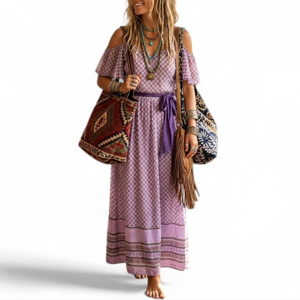 Vintage 70s Lavender Floral Boho Maxi Dress with Angel Sleeves